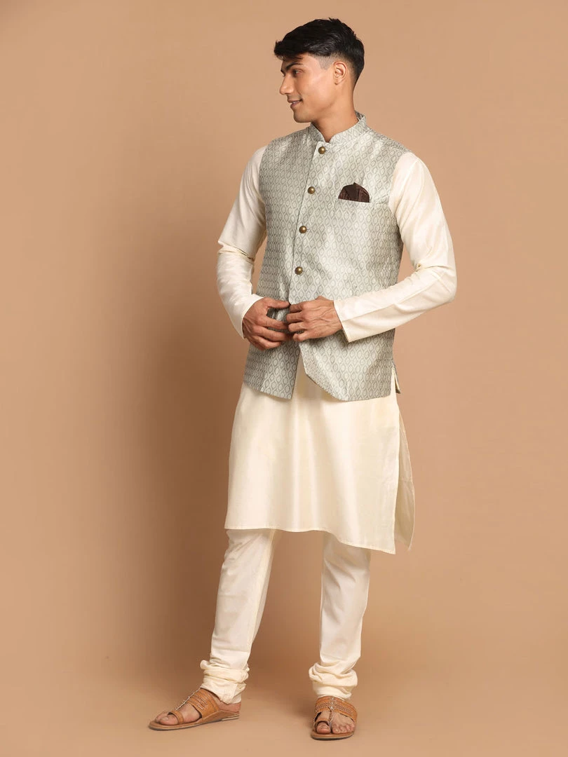 VASTRAMAY Men's Beige Jacket With Cream Coloured Kurta With Pajama Set 4 VASTRAMAY Men's Beige Jacket With Cream Coloured Kurta With Pajama Set