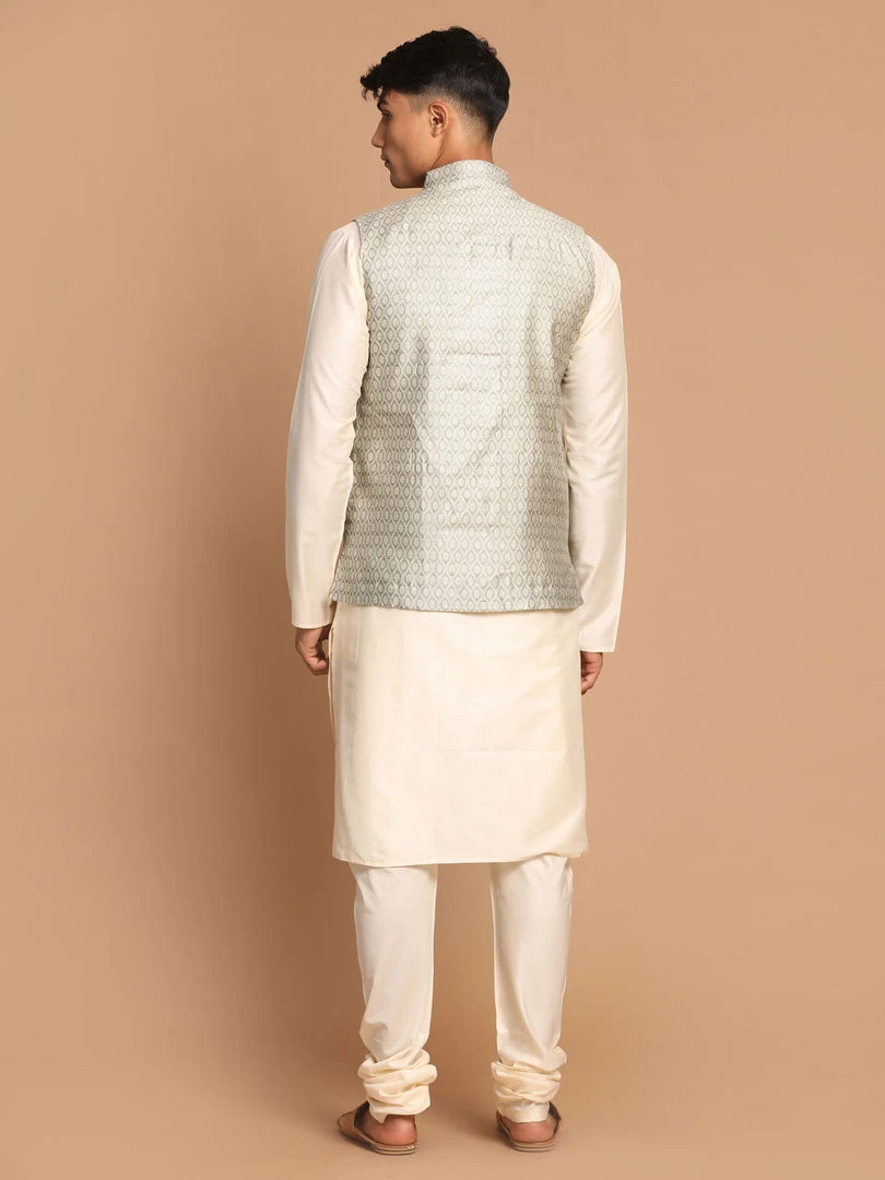 VASTRAMAY Men's Beige Jacket With Cream Coloured Kurta With Pajama Set 5 VASTRAMAY Men's Beige Jacket With Cream Coloured Kurta With Pajama Set