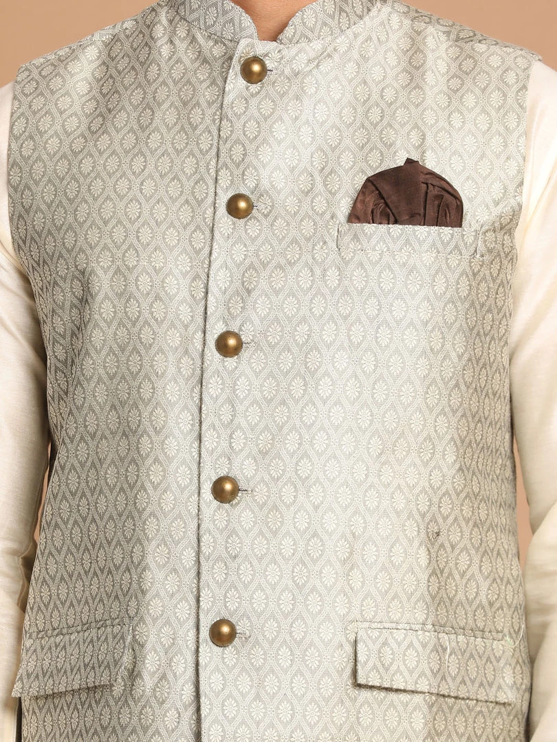 VASTRAMAY Men's Beige Jacket With Cream Coloured Kurta With Pajama Set 6 VASTRAMAY Men's Beige Jacket With Cream Coloured Kurta With Pajama Set