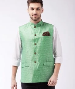 VASTRAMAY Men's Green Woven Design Nehru Jacket