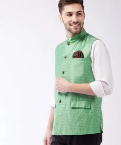 VASTRAMAY Men's Green Woven Design Nehru Jacket