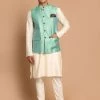 VASTRAMAY Men's Green Silk Blend Nehru Jackets With Cream Coloured Kurta Pajama Set