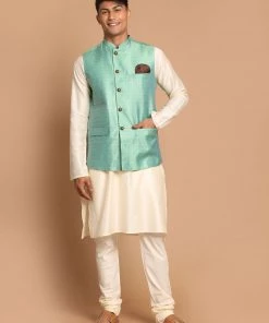 VASTRAMAY Men's Green Silk Blend Nehru Jackets With Cream Coloured Kurta Pajama Set