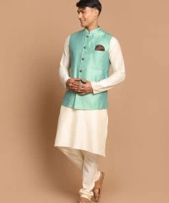 VASTRAMAY Men's Green Silk Blend Nehru Jackets With Cream Coloured Kurta Pajama Set