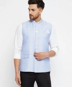 VASTRAMAY Men's Light Blue Silk Blend Nehru Jacket