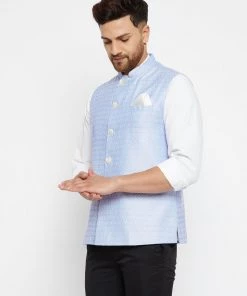 VASTRAMAY Men's Light Blue Silk Blend Nehru Jacket