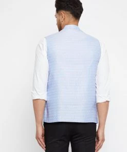 VASTRAMAY Men's Light Blue Silk Blend Nehru Jacket