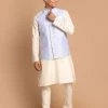 VASTRAMAY Men's Light Blue Silk Blend Nehru Jacket With Cream Kurta Pajama Set