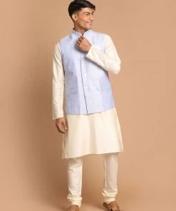 VASTRAMAY Men's Light Blue Silk Blend Nehru Jacket With Cream Kurta Pajama Set