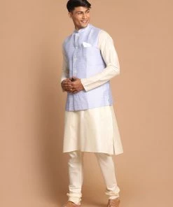 VASTRAMAY Men's Light Blue Silk Blend Nehru Jacket With Cream Kurta Pajama Set