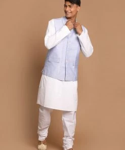 VASTRAMAY Men's Light Blue Jacket With White Cotton Kurta Pajama Set Jacket Kurta Sets