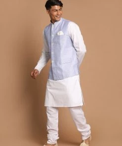 VASTRAMAY Men's Light Blue Jacket With White Cotton Kurta Pajama Set Jacket Kurta Sets