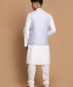 VASTRAMAY Men's Light Blue Jacket With White Cotton Kurta Pajama Set Jacket Kurta Sets