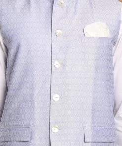 VASTRAMAY Men's Light Blue Jacket With White Cotton Kurta Pajama Set Jacket Kurta Sets