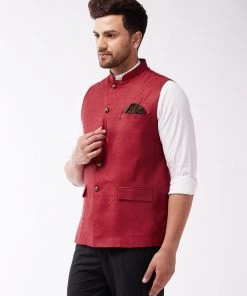 VASTRAMAY Men's Maroon Woven Design Nehru Jacket