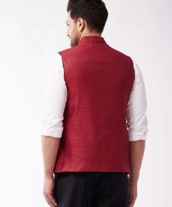 VASTRAMAY Men's Maroon Woven Design Nehru Jacket