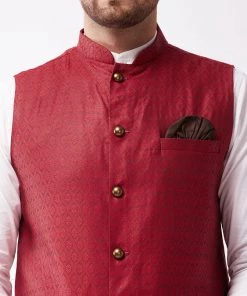 VASTRAMAY Men's Maroon Woven Design Nehru Jacket
