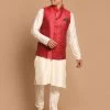 VASTRAMAY Men's Maroon Woven Design Nehru Jackets With Cream Coloured Kurta Pajama
