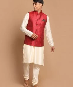 VASTRAMAY Men's Maroon Woven Design Nehru Jackets With Cream Coloured Kurta Pajama