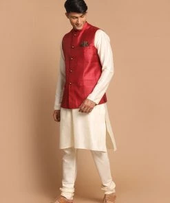 VASTRAMAY Men's Maroon Woven Design Nehru Jackets With Cream Coloured Kurta Pajama