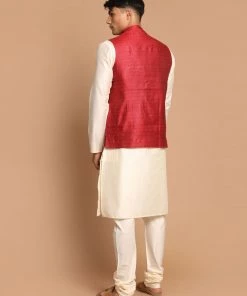 VASTRAMAY Men's Maroon Woven Design Nehru Jackets With Cream Coloured Kurta Pajama