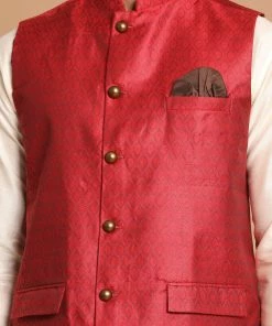 VASTRAMAY Men's Maroon Woven Design Nehru Jackets With Cream Coloured Kurta Pajama