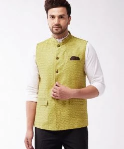 Vastramay Men's Yellow Silk Blend Nehru Jackets