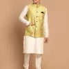 VASTRAMAY Men's Yellow Naheru Jacket With Cream Viscose Rayon Kurta Pyjama Set. Jacket Kurta Sets