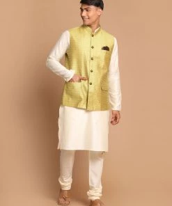 VASTRAMAY Men's Yellow Naheru Jacket With Cream Viscose Rayon Kurta Pyjama Set. Jacket Kurta Sets