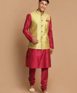 Kurta Sets VASTRAMAY Men's Yellow Nehru Jacket With Purple Kurta And Pyjama Set