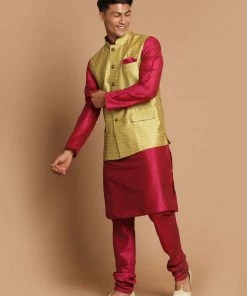 Kurta Sets VASTRAMAY Men's Yellow Nehru Jacket With Purple Kurta And Pyjama Set
