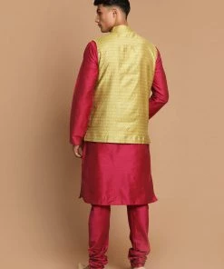 Kurta Sets VASTRAMAY Men's Yellow Nehru Jacket With Purple Kurta And Pyjama Set