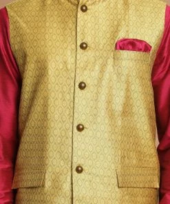 Kurta Sets VASTRAMAY Men's Yellow Nehru Jacket With Purple Kurta And Pyjama Set