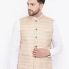 Vastramay Men's Beige Silk Blend Nehru Jacket