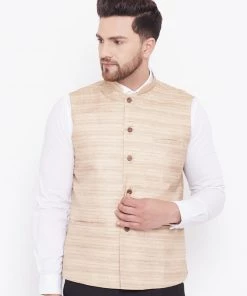 Vastramay Men's Beige Silk Blend Nehru Jacket