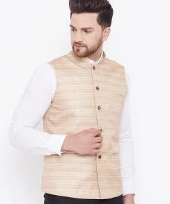 Vastramay Men's Beige Silk Blend Nehru Jacket
