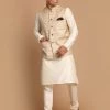 Kurta Sets VASTRAMAY Men's Beige Textured Slim-Fit Nehru Jacket With Cream Colored Kurta Pajama Set