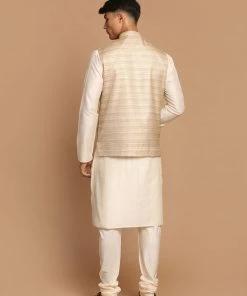 Kurta Sets VASTRAMAY Men's Beige Textured Slim-Fit Nehru Jacket With Cream Colored Kurta Pajama Set