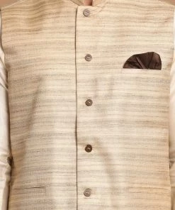 Kurta Sets VASTRAMAY Men's Beige Textured Slim-Fit Nehru Jacket With Cream Colored Kurta Pajama Set