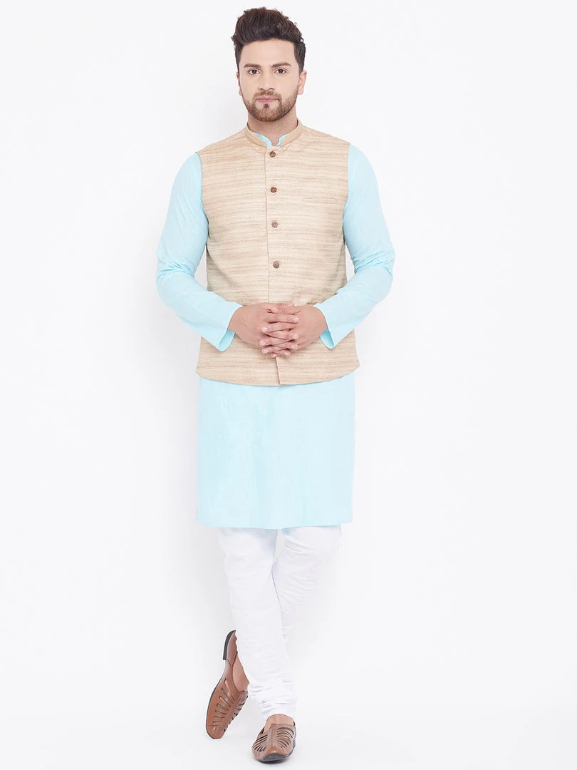 Vastramay Men's Beige, Aqua And White Cotton Blend Jacket, Kurta And Pyjama Set 3 Vastramay Men's Beige, Aqua And White Cotton Blend Jacket, Kurta And Pyjama Set