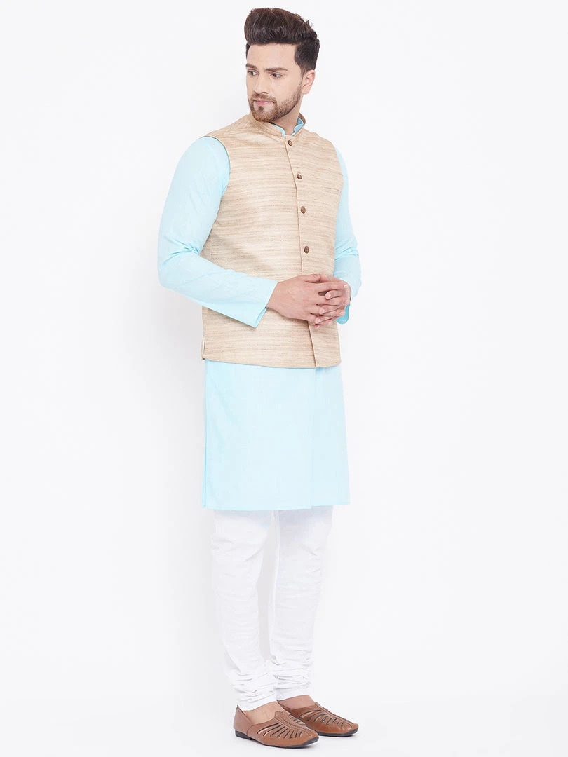 Vastramay Men's Beige, Aqua And White Cotton Blend Jacket, Kurta And Pyjama Set 4 Vastramay Men's Beige, Aqua And White Cotton Blend Jacket, Kurta And Pyjama Set