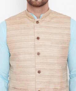 Vastramay Men's Beige, Aqua And White Cotton Blend Jacket, Kurta And Pyjama Set 14 Vastramay Men's Beige, Aqua And White Cotton Blend Jacket, Kurta And Pyjama Set