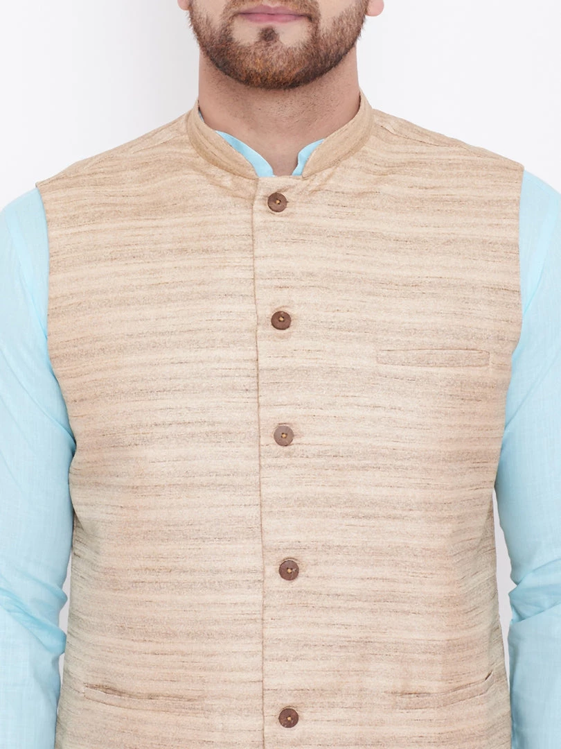 Vastramay Men's Beige, Aqua And White Cotton Blend Jacket, Kurta And Pyjama Set 7 Vastramay Men's Beige, Aqua And White Cotton Blend Jacket, Kurta And Pyjama Set
