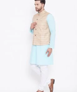 Vastramay Men's Beige, Aqua And White Cotton Blend Jacket, Kurta And Pyjama Set 13 Vastramay Men's Beige, Aqua And White Cotton Blend Jacket, Kurta And Pyjama Set