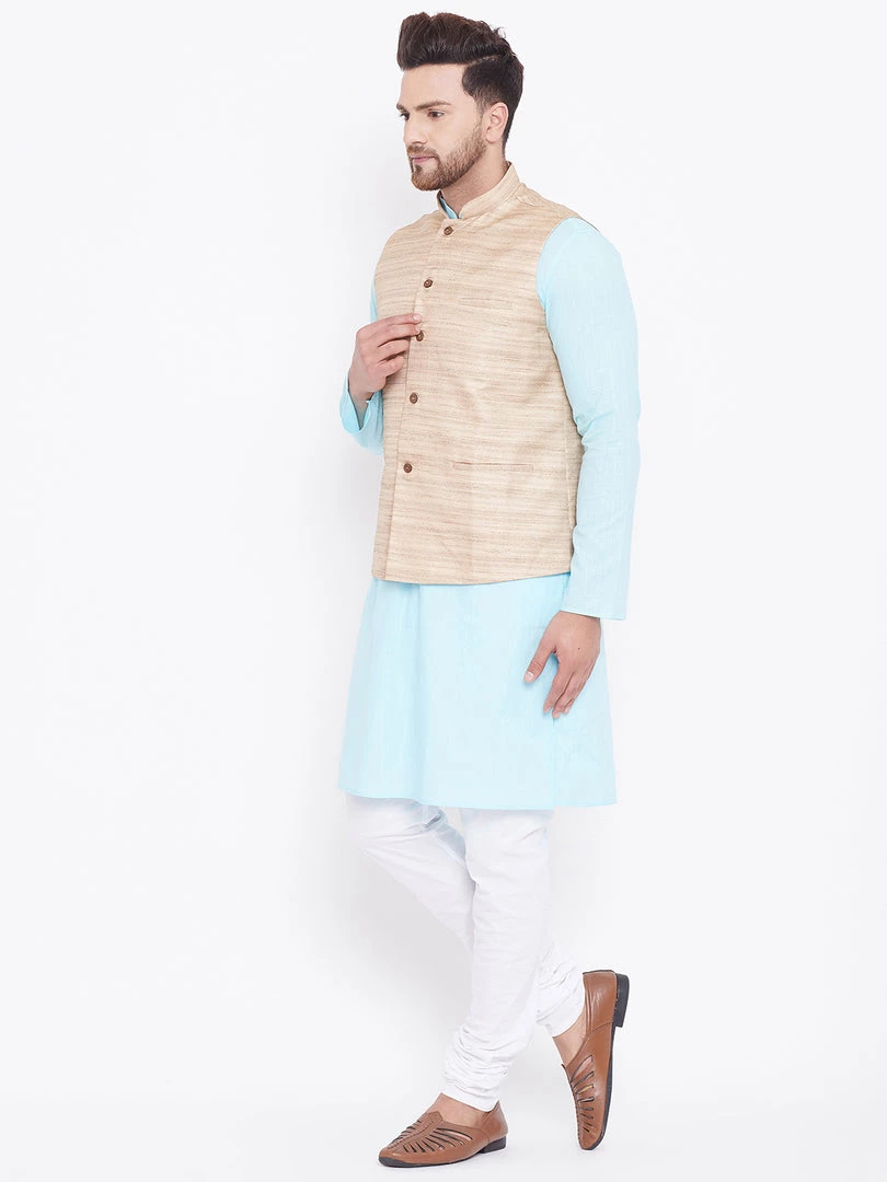 Vastramay Men's Beige, Aqua And White Cotton Blend Jacket, Kurta And Pyjama Set 6 Vastramay Men's Beige, Aqua And White Cotton Blend Jacket, Kurta And Pyjama Set