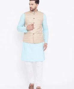 Vastramay Men's Beige, Aqua And White Cotton Blend Jacket, Kurta And Pyjama Set 16 Vastramay Men's Beige, Aqua And White Cotton Blend Jacket, Kurta And Pyjama Set