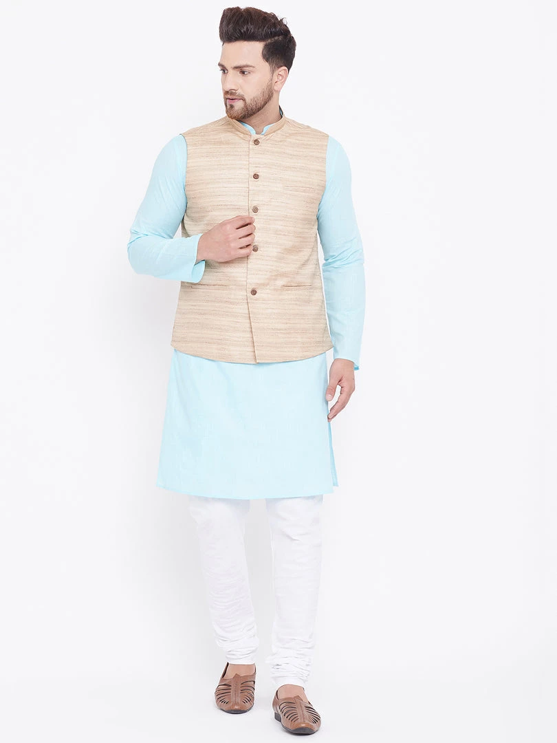 Vastramay Men's Beige, Aqua And White Cotton Blend Jacket, Kurta And Pyjama Set 9 Vastramay Men's Beige, Aqua And White Cotton Blend Jacket, Kurta And Pyjama Set