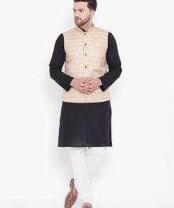 Vastramay Men's Beige, Black And White Cotton Blend Jacket, Kurta And Pyjama Set