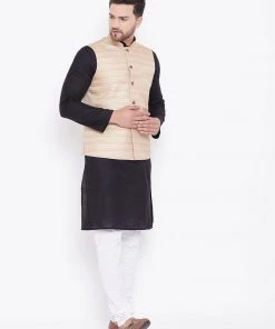 Vastramay Men's Beige, Black And White Cotton Blend Jacket, Kurta And Pyjama Set