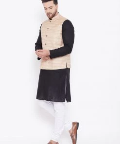Vastramay Men's Beige, Black And White Cotton Blend Jacket, Kurta And Pyjama Set